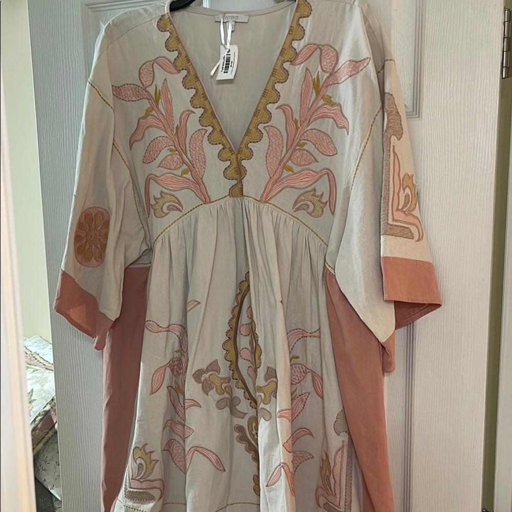 VERVET BY FLYING MONKEY Embroidered Mini Dress - Cream and Pink